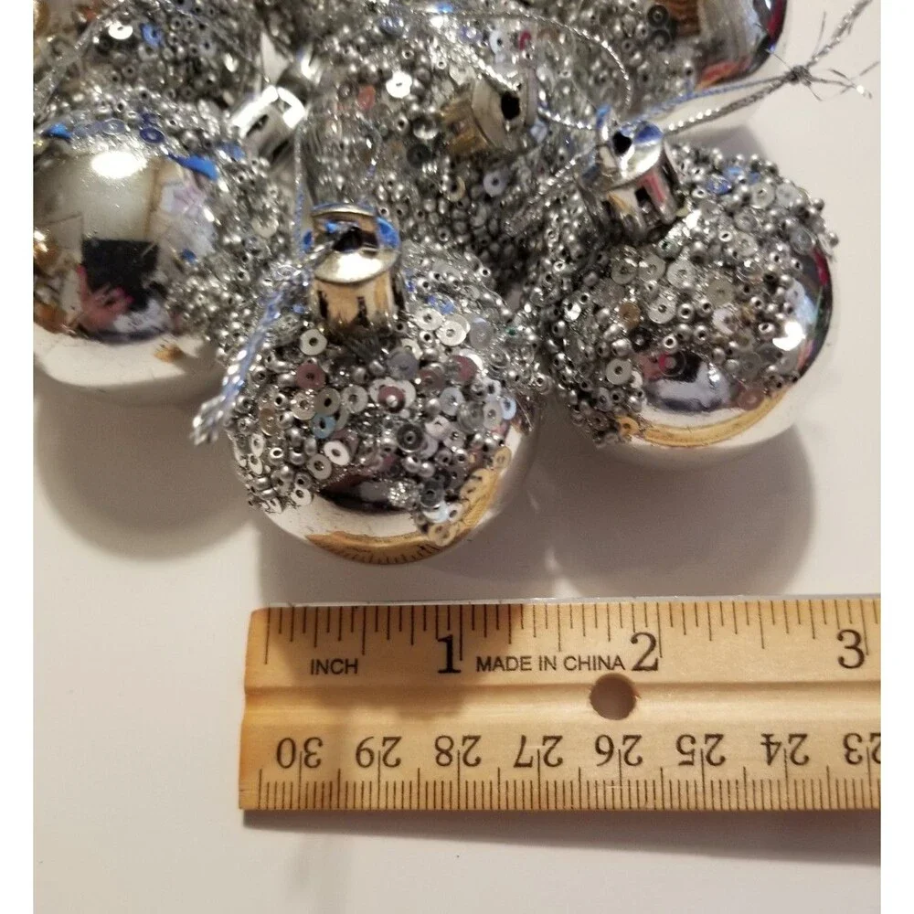 Beautiful Holiday Ornaments Silver Sequin & Bead Design Plastic Set of 9 Hanging